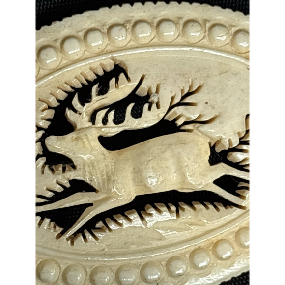 Antique German Hand Carved Antler Brooch Pin Jumping Stag Oval Detailed Carving - Picture 4 of 8